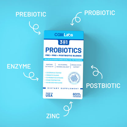 Probiotics 3 in 1: Prebiotics + Probiotics + Postbiotics | 60 Veg Caps | CGM Labs