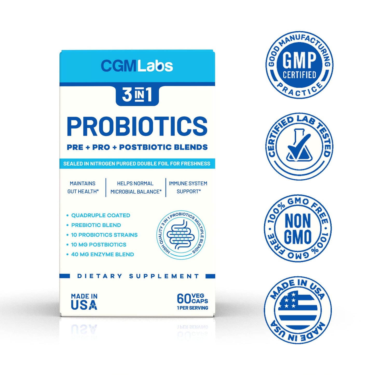 Probiotics 3 in 1: Prebiotics + Probiotics + Postbiotics | 60 Veg Caps | CGM Labs