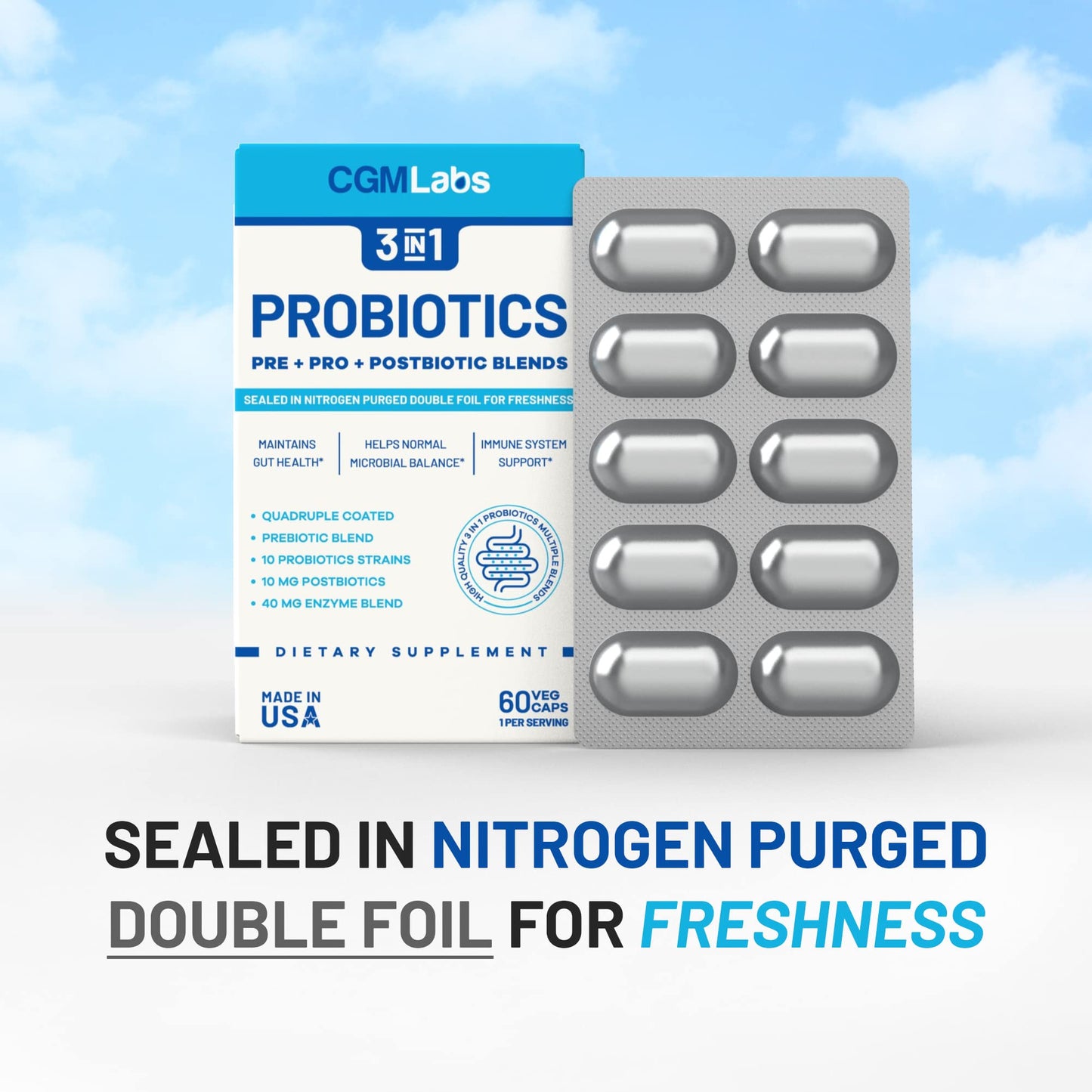 Probiotics 3 in 1: Prebiotics + Probiotics + Postbiotics | 60 Veg Caps | CGM Labs