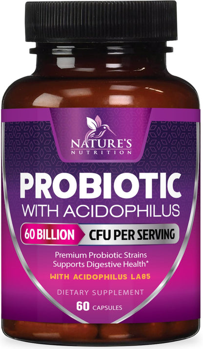 Probiotics 60 Billion CFU | 10 Strains + Prebiotics | Digestive, Gut & Immune Support | 60 Capsules
