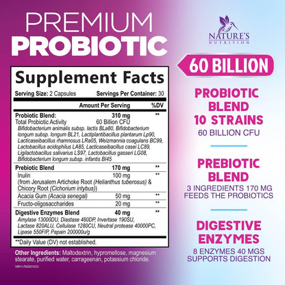Probiotics 60 Billion CFU | 10 Strains + Prebiotics | Digestive, Gut & Immune Support | 60 Capsules