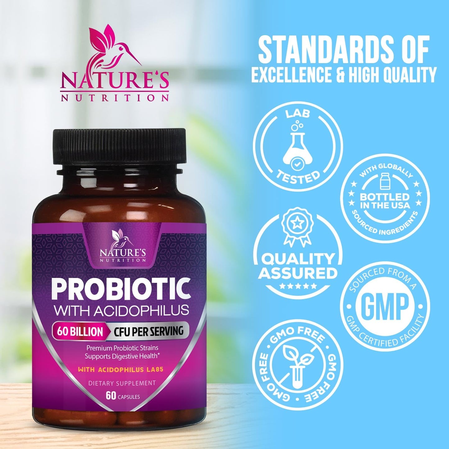 Probiotics 60 Billion CFU | 10 Strains + Prebiotics | Digestive, Gut & Immune Support | 60 Capsules
