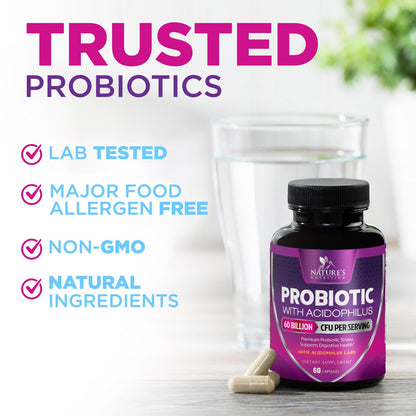 Probiotics 60 Billion CFU | 10 Strains + Prebiotics | Digestive, Gut & Immune Support | 60 Capsules