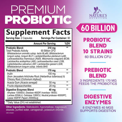Probiotics 60B CFU – 10 Strains + Prebiotics | Digestive, Gut & Immune Support | 180 Capsules