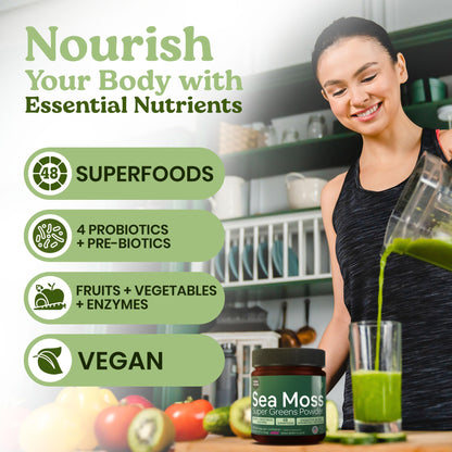Atlantic Naturals Sea Moss Super Greens Powder – Mixed Berry (12 Veg, 15 Fruits, Probiotics, 16 Herbs)