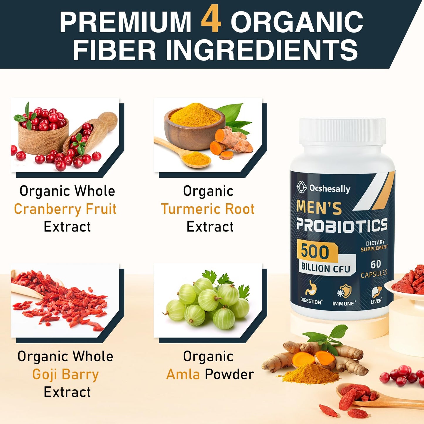 Probiotics for Men – 500B CFUs, 12 Strains, Turmeric & Cranberry, 60 Capsules