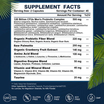 Probiotics for Men Digestive Health - 120 Billion CFUs with Saw Palmetto, Cranberry & Digestive Enzymes | 90 Capsules