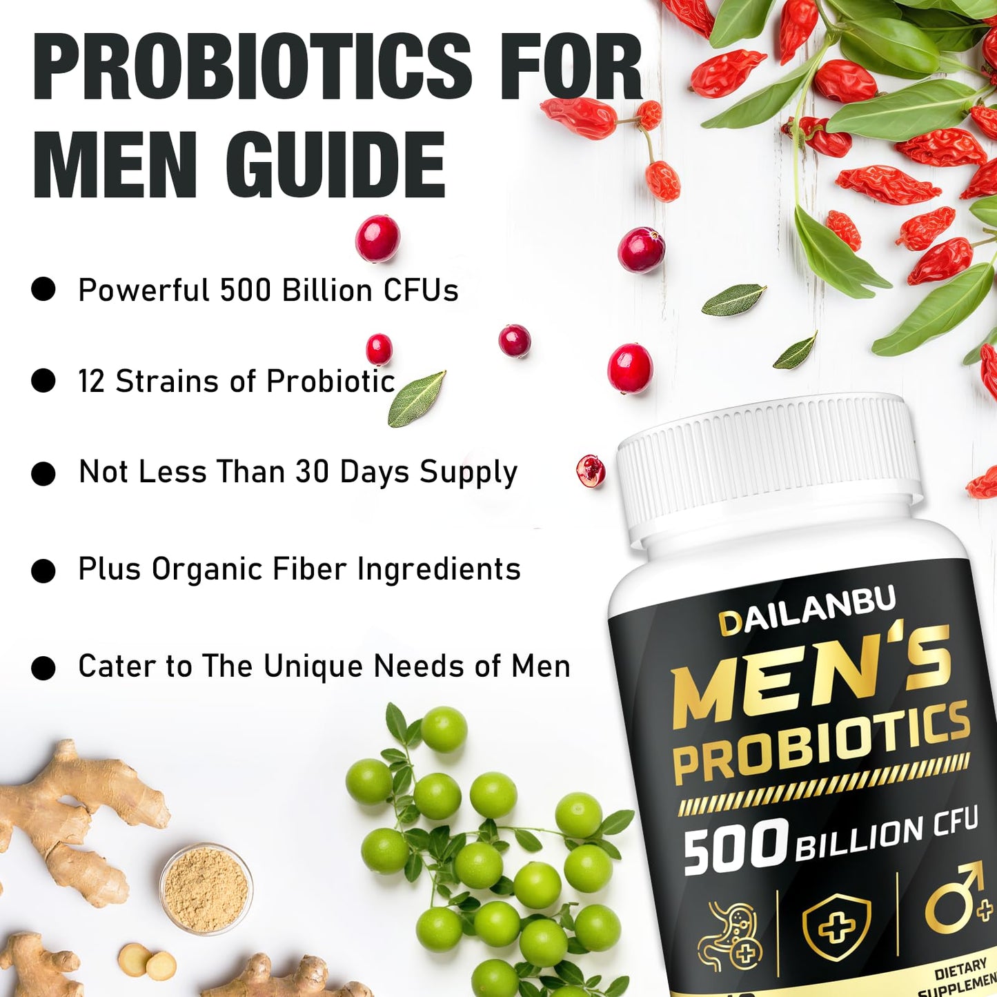 Probiotics for Men 500B CFU – 16-in-1 Probiotic (Digestive & Immune Health, 60 Caps)