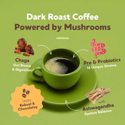360 Nutrition Instant Mushroom Coffee with Chaga & Prebiotics — Gut Health, Probiotics, Focus Support | Dark Roast 5 oz