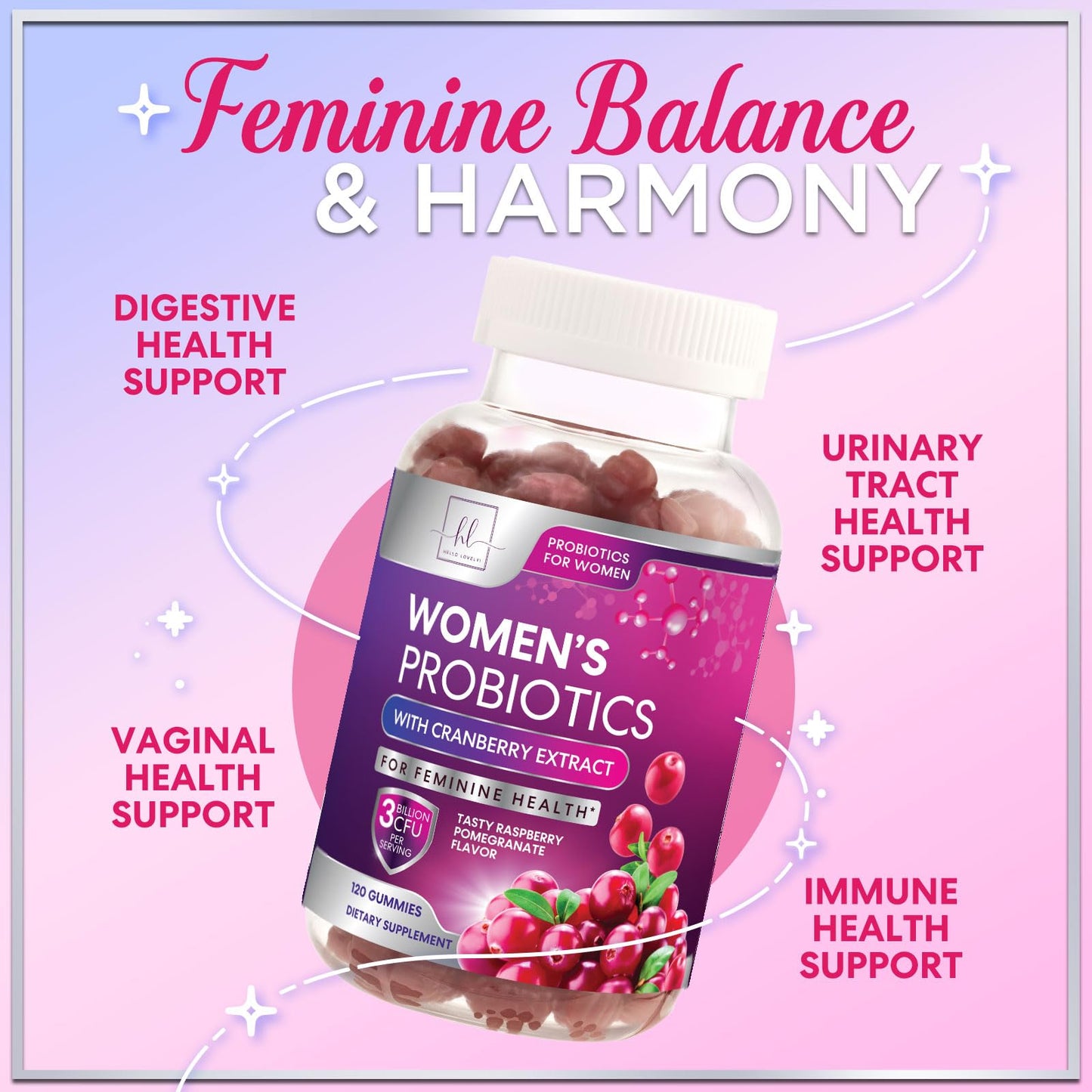Probiotics for Women Gummies with Cranberry – 3 Billion CFU, 6 Strains | Digestive & Vaginal Health | 120 Gummies