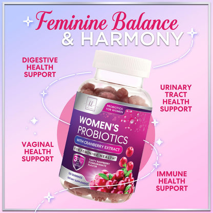 Probiotics for Women Gummies with Cranberry – 3 Billion CFU, 6 Strains | Digestive & Vaginal Health | 120 Gummies