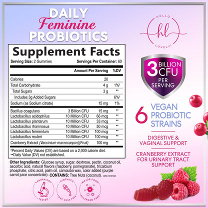 Probiotics for Women Gummies with Cranberry – 3 Billion CFU, 6 Strains | Digestive & Vaginal Health | 120 Gummies