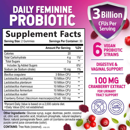 Probiotics for Women Gummies with Cranberry — 3 Billion CFU, 6 Strains, Digestive & Vaginal Health (60 Gummies)