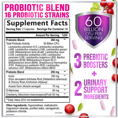 Probiotics for Women Digestive Health Support - 60 Billion CFU Women's Probiotic, 16 Strains, for pH Balance, Vaginal Support with Cranberry for Gut Health, Urinary & Immune Support - 120 Capsules