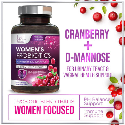 Probiotics for Women Digestive Health Support - 60 Billion CFU Women's Probiotic, 16 Strains, for pH Balance, Vaginal Support with Cranberry for Gut Health, Urinary & Immune Support - 120 Capsules