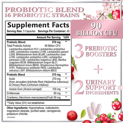 Probiotics for Women Digestive Health Support - 90 Billion CFU Women's Probiotic, 16 Strains, Cranberry, Vaginal Probiotic with Prebiotics, PH, Immune, Urinary, & Feminine Health Support, 120 Capsules