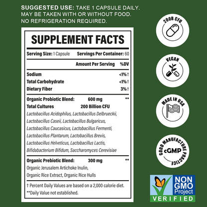 Probiotics for Women & Men – 200B CFU, 12 Strains, 3 Organic Prebiotics, 2-Month Supply