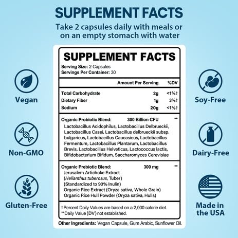 Probiotics for Women & Men – 300B CFU, 12 Strains, Organic Prebiotics | 60 Capsules