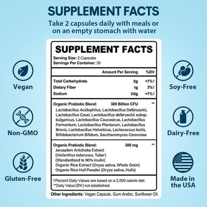 Probiotics for Women & Men – 300B CFU, 12 Strains, Organic Prebiotics | 60 Capsules