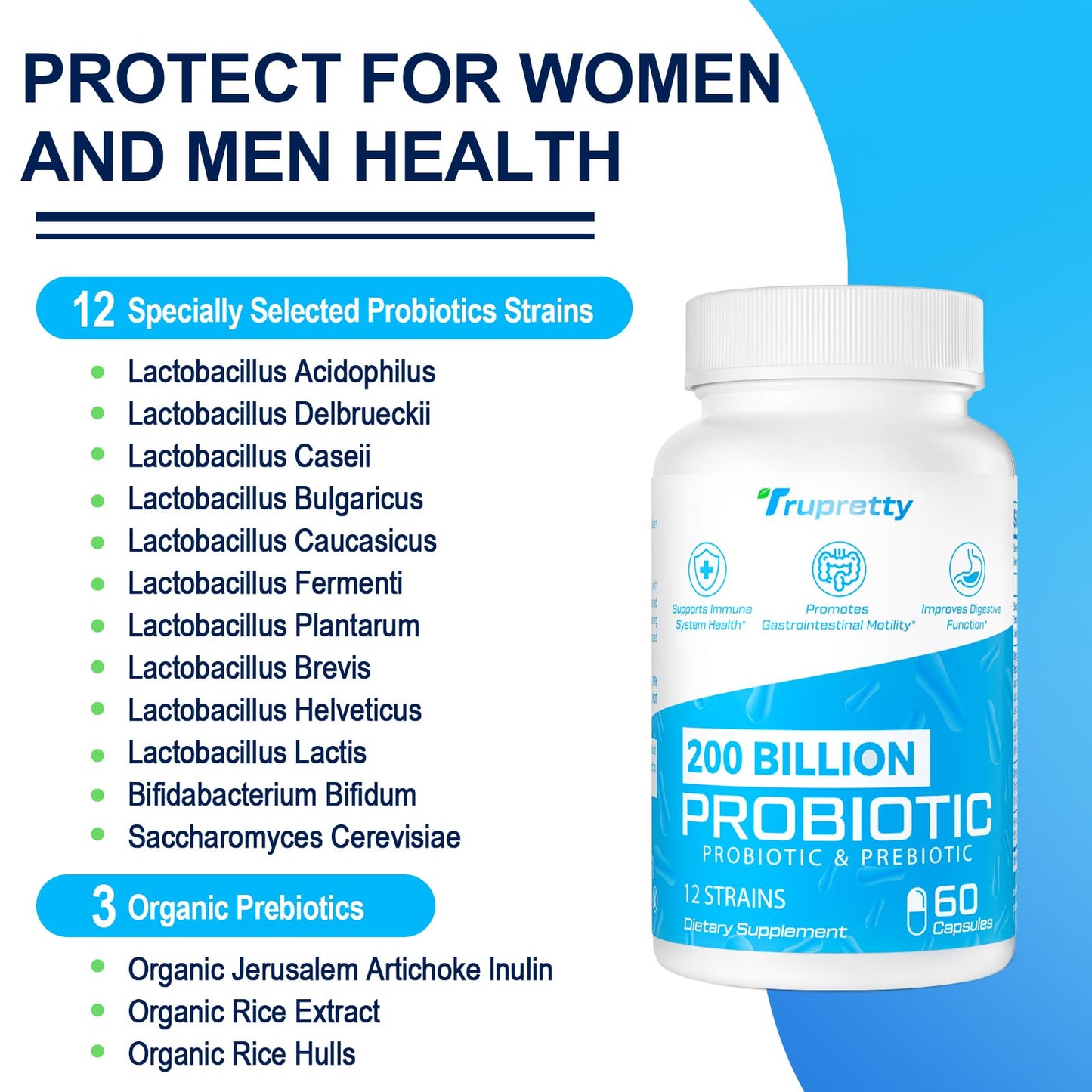 Probiotics for Women & Men | 200 Billion CFUs, 12 Strains | Daily Probiotic with 3 Prebiotics | Shelf-Stable & Vegan, 60 Caps