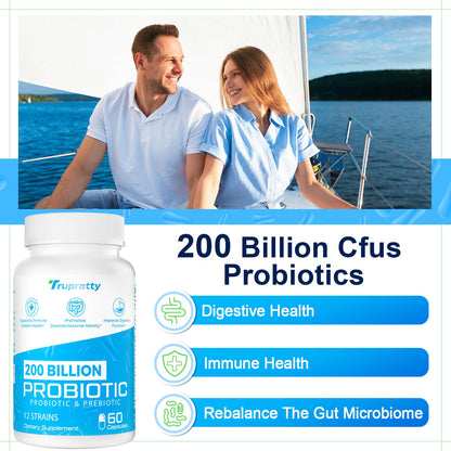 Probiotics for Women & Men | 200 Billion CFUs, 12 Strains | Daily Probiotic with 3 Prebiotics | Shelf-Stable & Vegan, 60 Caps