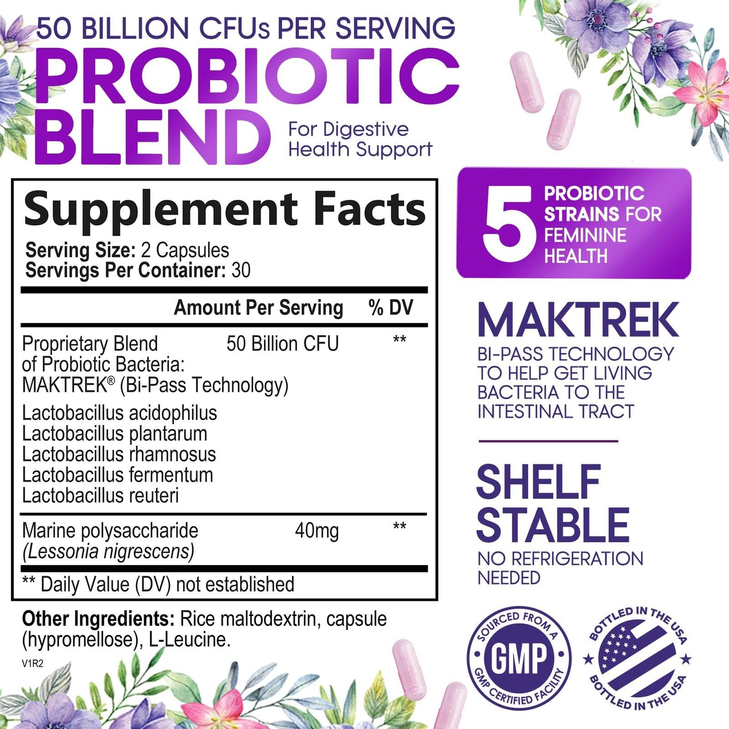 Probiotics for Women’s Digestive Health – 50 Billion CFU, 5 Strains, Urinary & Vaginal Support | USA Bottled