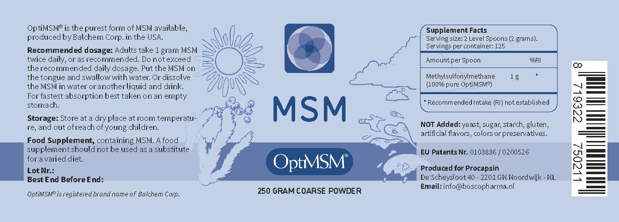 Procapsin OptiMSM - Pure MSM Powder 250g - Organic, Gluten Free, Non-GMO