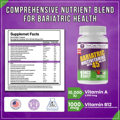 ProCare Health Bariatric Multivitamin with Iron 45mg – Fruit Punch Chewable (30 Tablets)