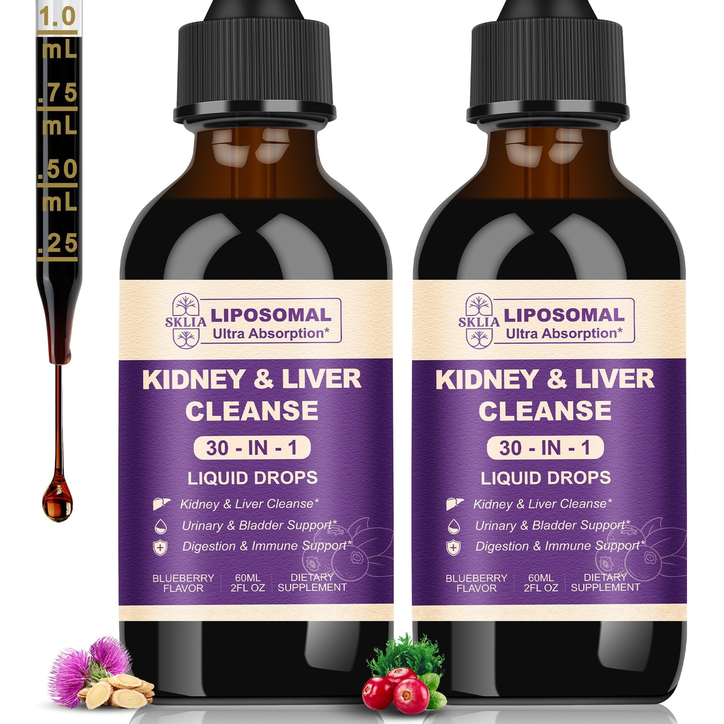 30-in-1 Kidney & Liver Cleanse Drops – Cranberry, Milk Thistle & Chanca Piedra | Vegan Blueberry 2-Pack