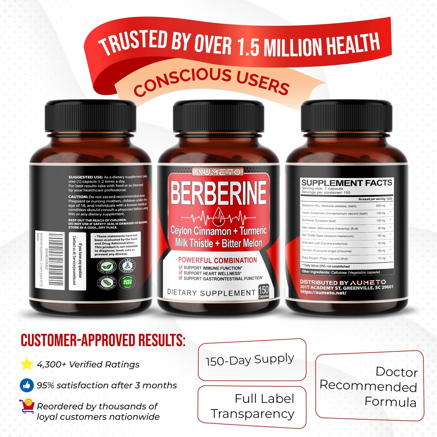 Berberine Supplement with Cinnamon, Turmeric & Milk Thistle – 150 Count