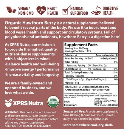 XPRS Nutra Organic Hawthorn Berry Powder - USDA Organic, Heart Health, Vegan, 4 oz