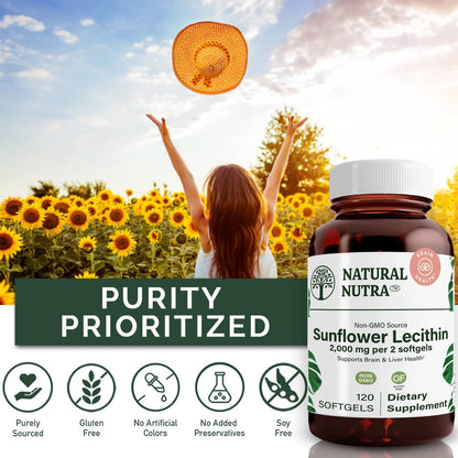 Natural Nutra Sunflower Lecithin 2000 mg | Supports Breastfeeding, Liver & Brain Health – Soy Free, Non-GMO, Gluten Free