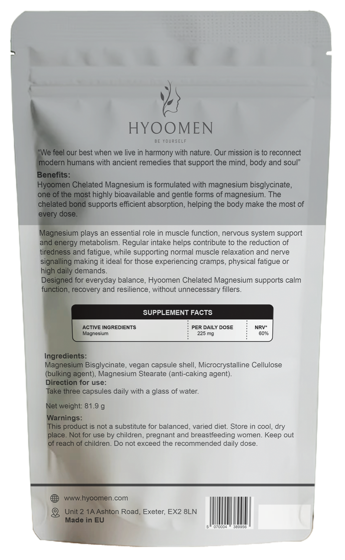 Magnesium Glycinate Capsules 225mg Hyoomen