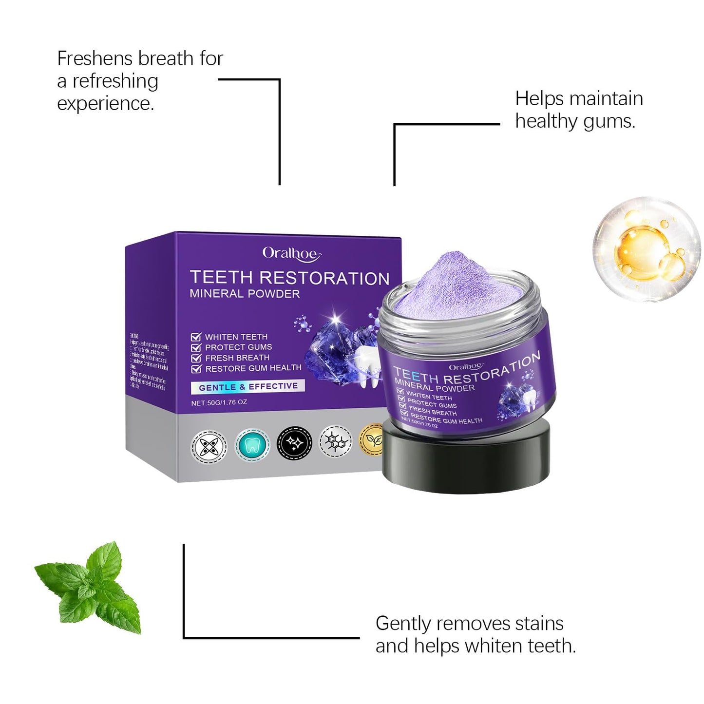 2Pcs Teeth Restoration Mineral Powder - Purple Whitening Mineral Powder for Fresh Breath, Strengthens Teeth & Gums - Gentle & Non-Irritating