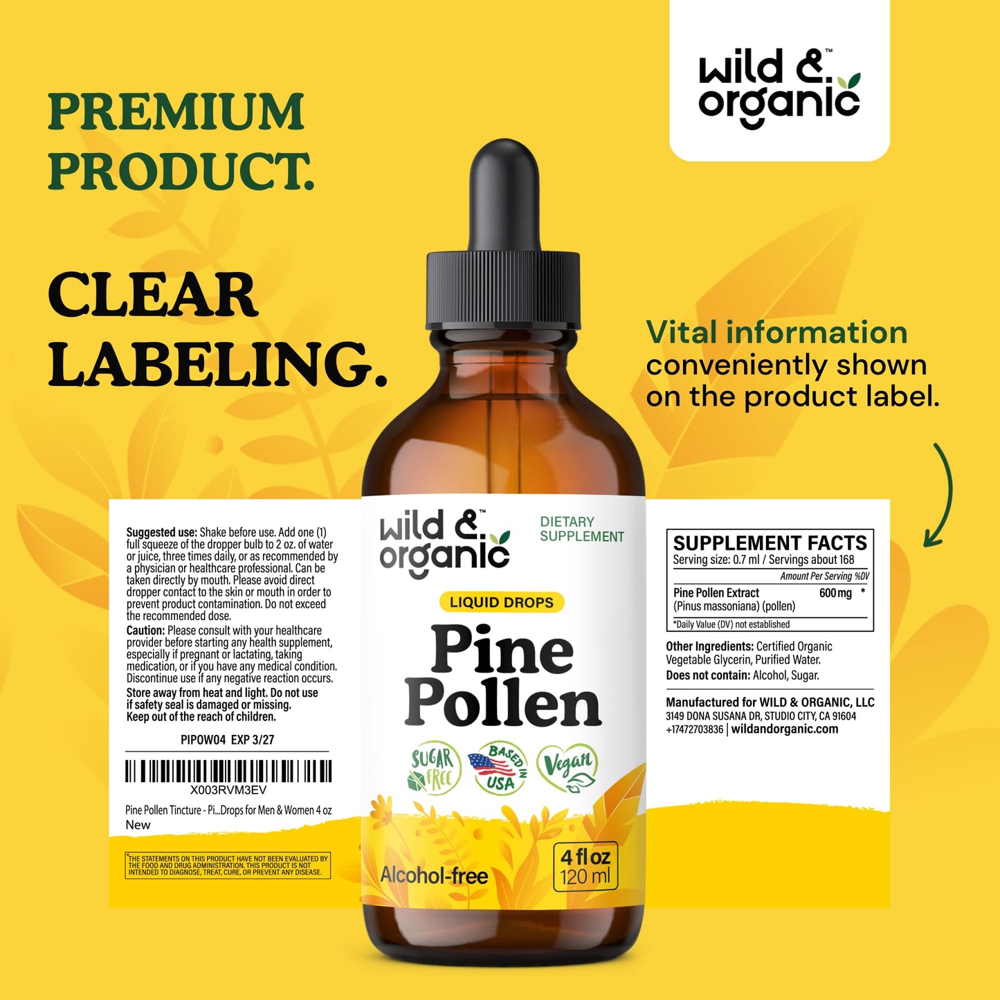 Wild & Organic Pine Pollen Tincture – Vegan, Alcohol-Free, 4 oz