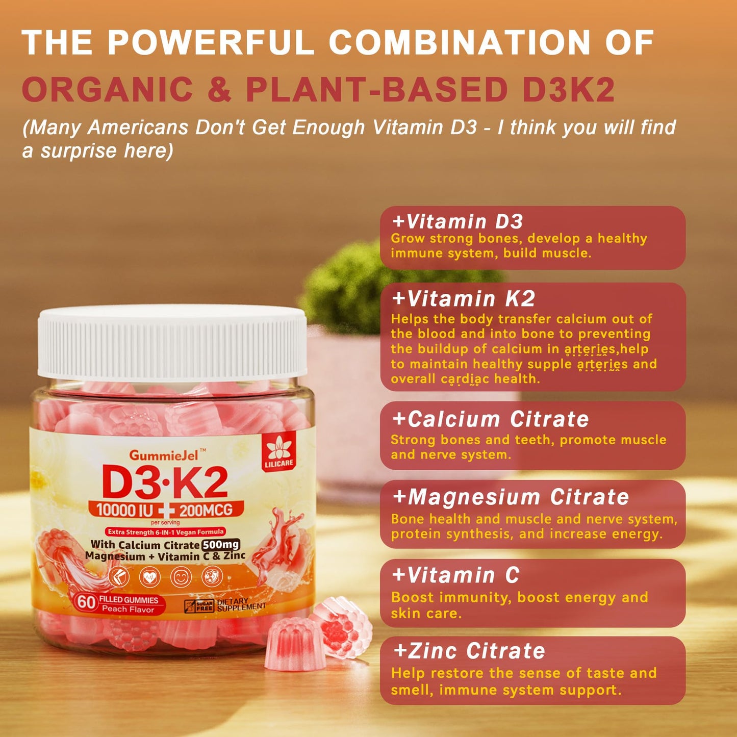 Vitamin D3 K2 Gummies 5000/10000 IU – Vegan, 60 Count | Calcium 500mg, MK-7 200mcg