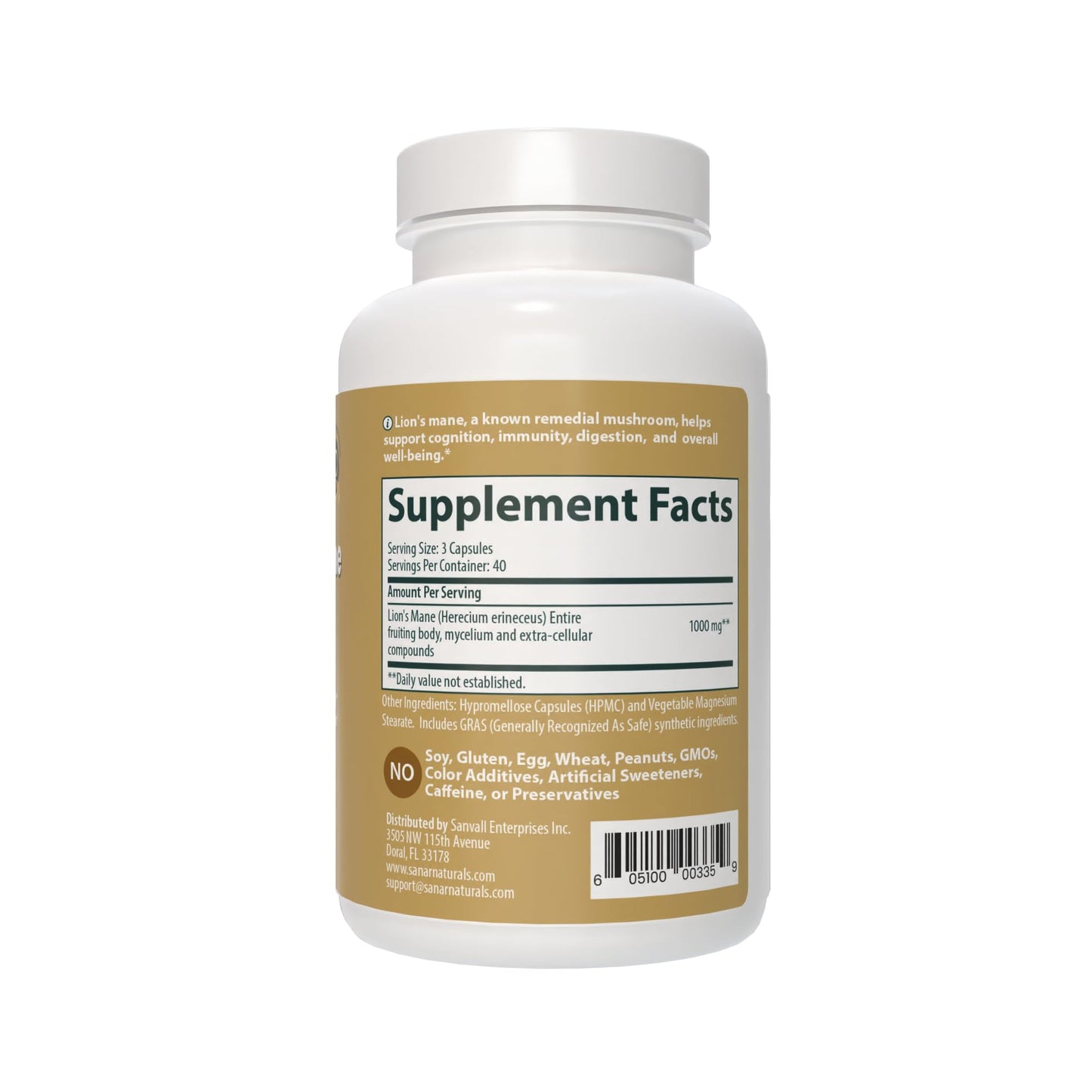 Sanar Naturals Lion's Mane Supplement – Brain Function, Memory & Immune Support, 120 Capsules