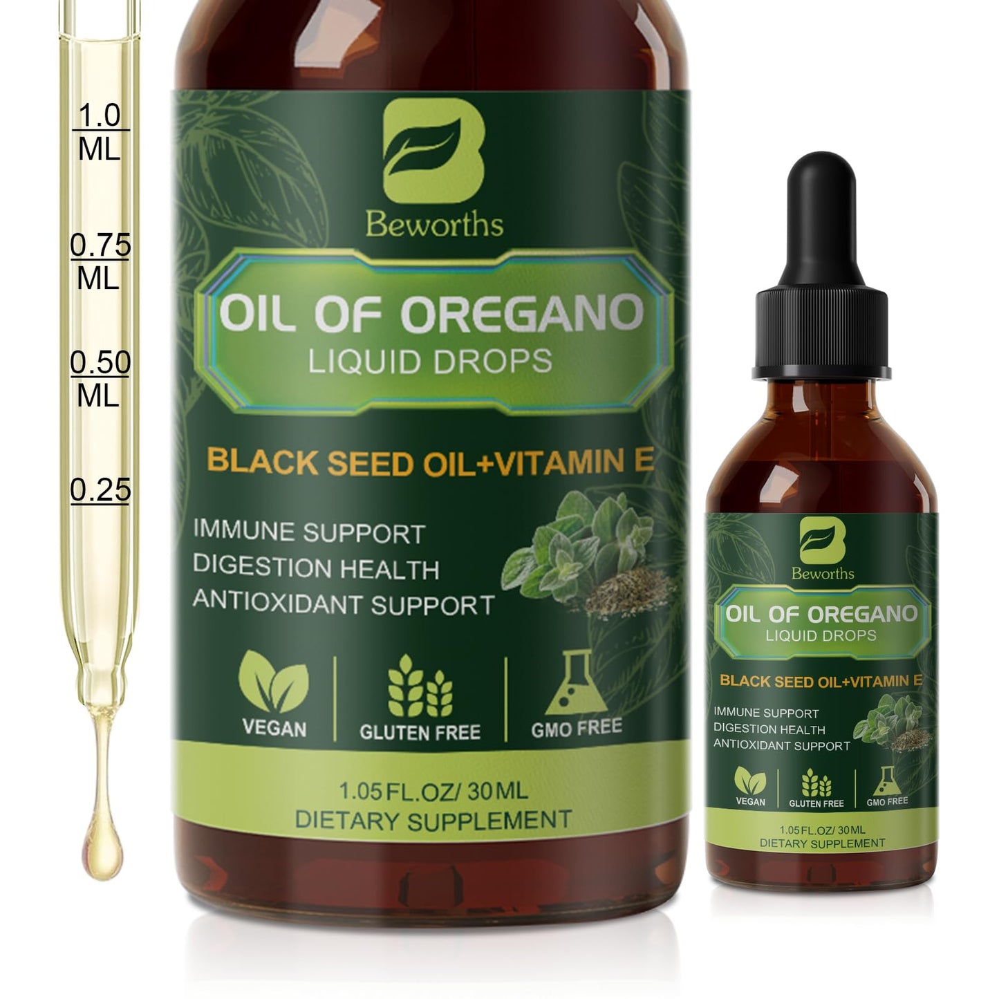 Oregano Oil Drops with Black Seed Oil & Vitamin E – Immune Support | Vegan & Non-GMO | 1 Fl Oz
