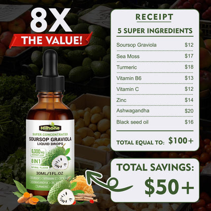 8 in 1 Graviola Soursop Liquid – Immune & Liver Support, Antioxidant, 1 Fl Oz