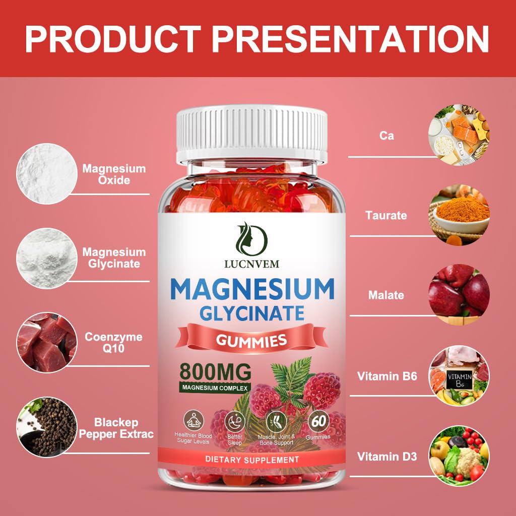2 Pack Sugar Free Magnesium Glycinate Gummies – 500mg Mg Glycinate + 200mg Mg Malate, Sleep & Calm – 120 Raspberry