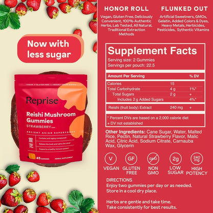 Reishi Mushroom Gummies | Hongo Reishi Mushroom Supplement (Lingzhi, Ganoderma Lucidum) | Full Spectrum Stress Gummies for Adults | Red Reishi Mushroom | Strawberry Flavor | 45 Count (Pack of 3)