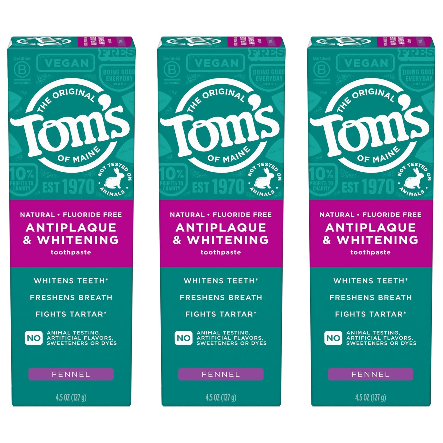 Tom’s of Maine Antiplaque and Whitening Fluoride Free Toothpaste - Fennel, 3 Pack, 4.5 oz