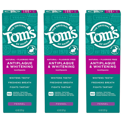 Tom’s of Maine Antiplaque and Whitening Fluoride Free Toothpaste - Fennel, 3 Pack, 4.5 oz