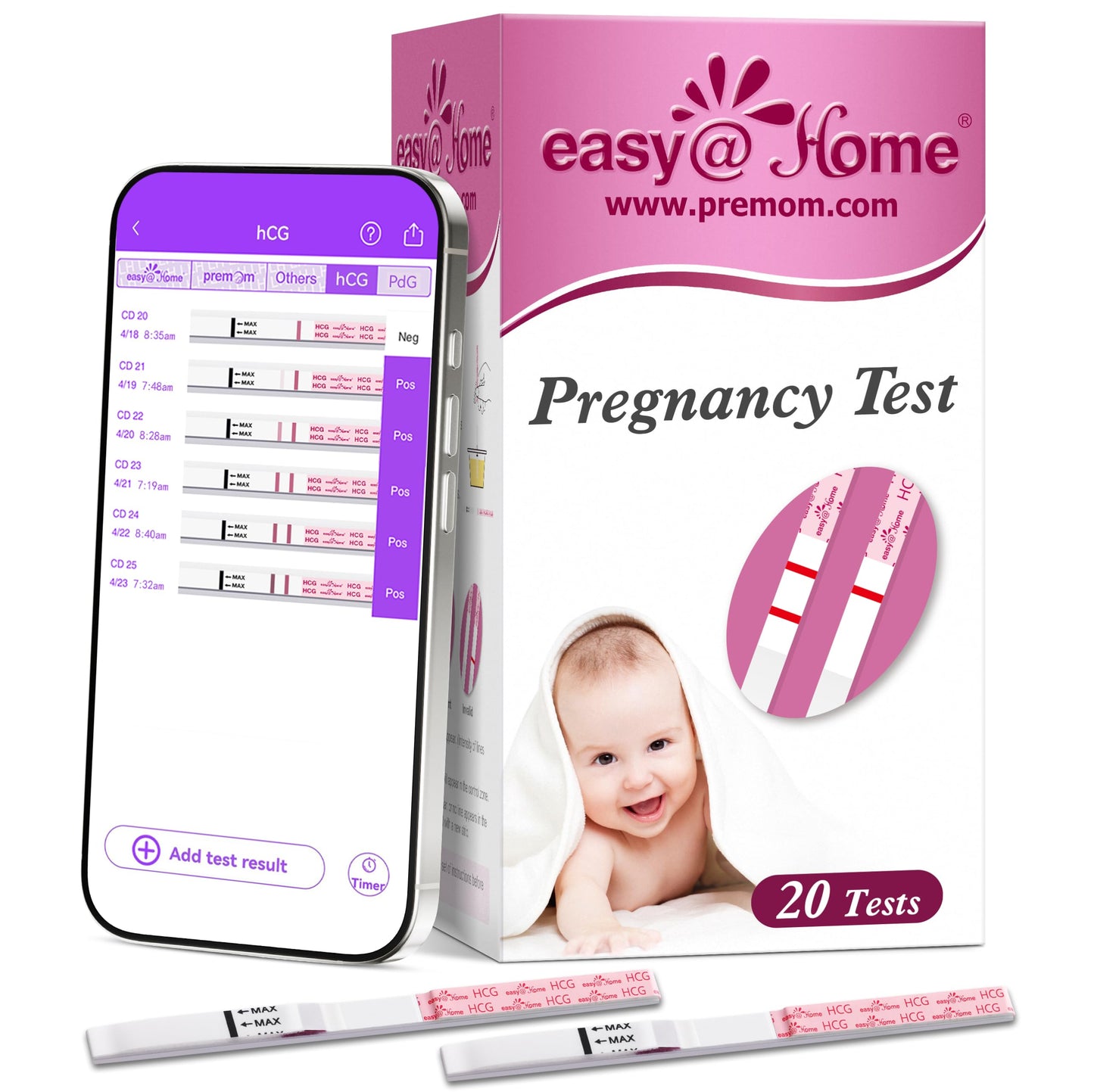 Easy@Home 20-Pack Pregnancy Test Strips – Early hCG Detection with Premom App (Bulk)