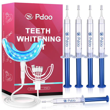Professional Teeth Whitening Kit with 5 Gels, LED Accelerator Light & Custom Trays – Enamel Safe, Fast Home Whitening