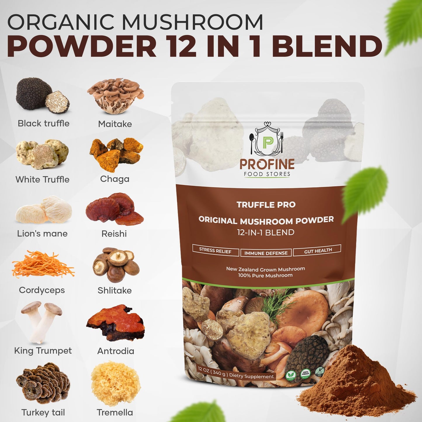 PROFINE Truffle PRO Mushroom Powder 12-in-1 – Organic, Black & White Truffle, 2 g Serving