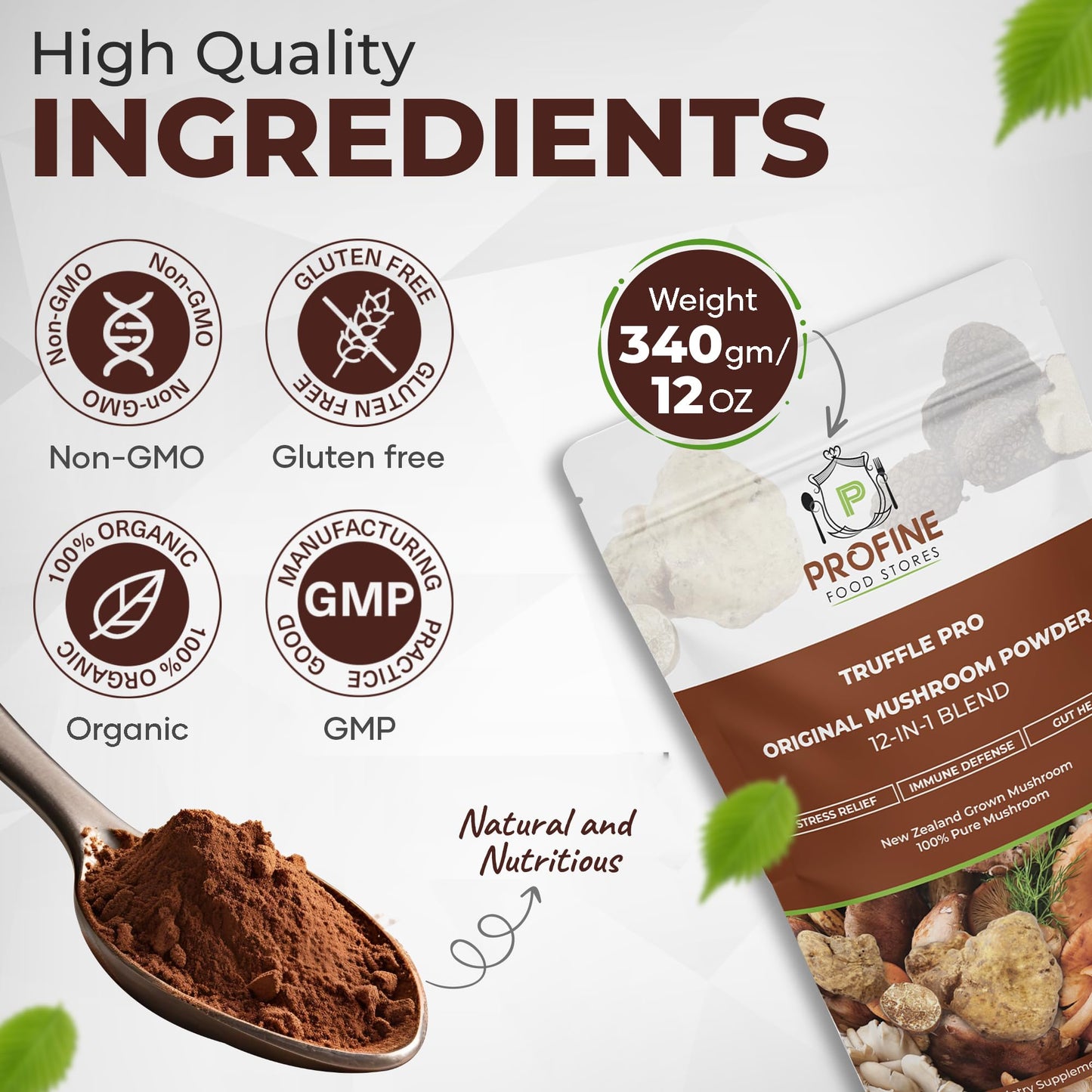 PROFINE Truffle PRO Mushroom Powder 12-in-1 – Organic, Black & White Truffle, 2 g Serving
