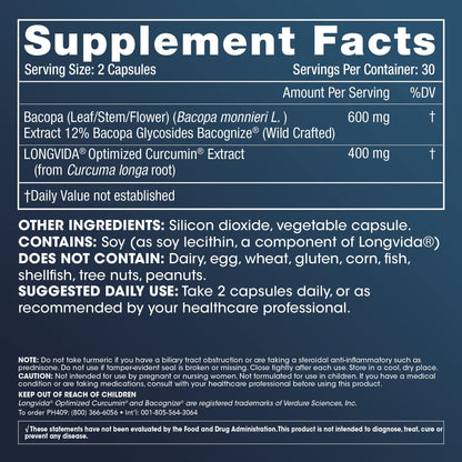 ProHealth 2-Pack Brain & Focus - Optimized Curcumin Longvida with BaCognize Bacopa Monnieri (60 Veggie Capsules)