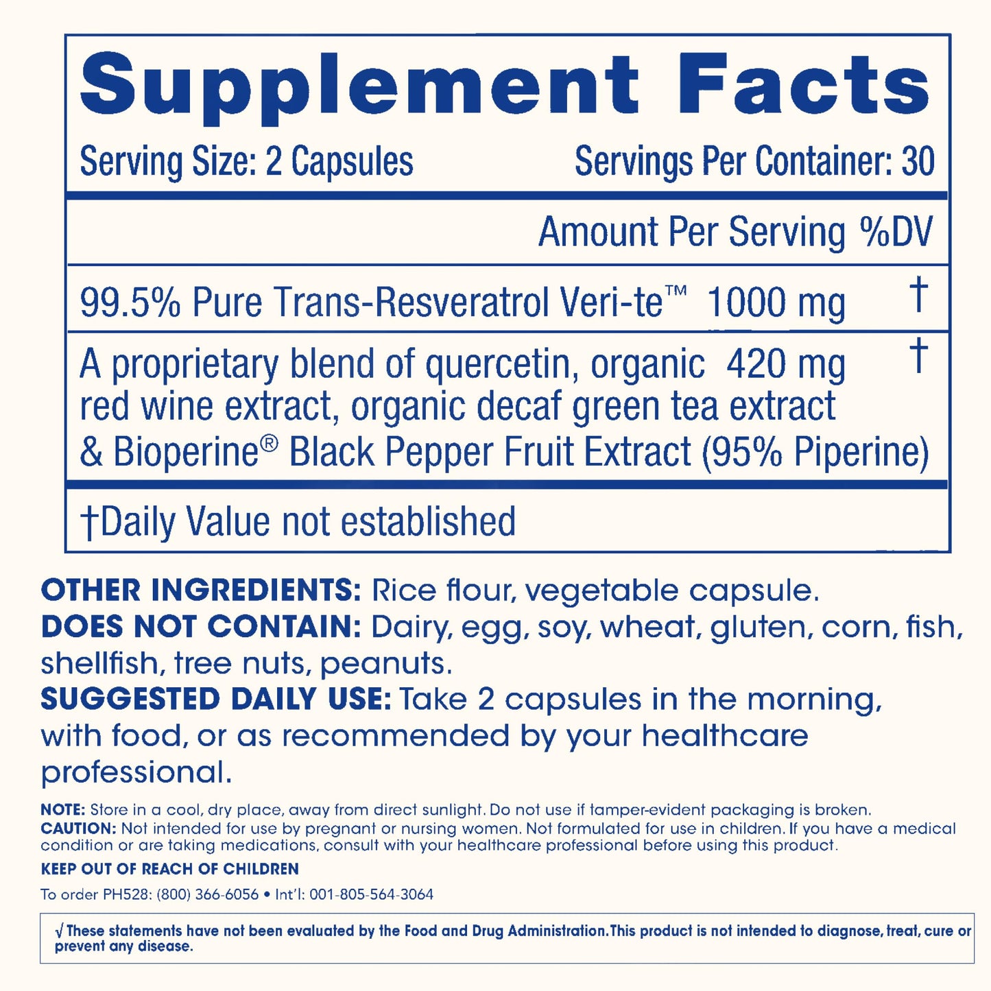 ProHealth Resveratrol 1000mg | Pure Trans-Resveratrol | Plus Quercetin, Red Wine & Green Tea Extract | Clinically Studied to Support Cellular Health, Memory, Healthy Aging | 60 Capsules