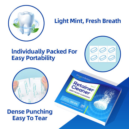 PROJECT BETTER Retainer Cleaner Tablets & Denture Cleaning Tablets for Dental Appliances and Night & Mouth Guard (36 Counts)